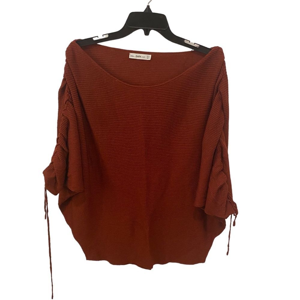 Zara Knit Rust Maroon Dolman Wing Ruched Cinch Tie Slouchy Sweater Medium